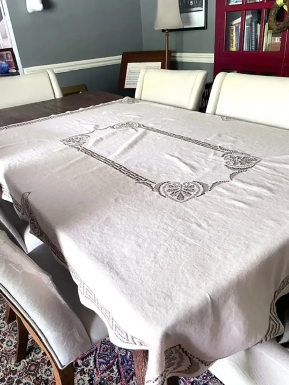 Vintage Hand Embroidered Linen Tablecloth  54x47 Greek Key 60s 70s Neutral